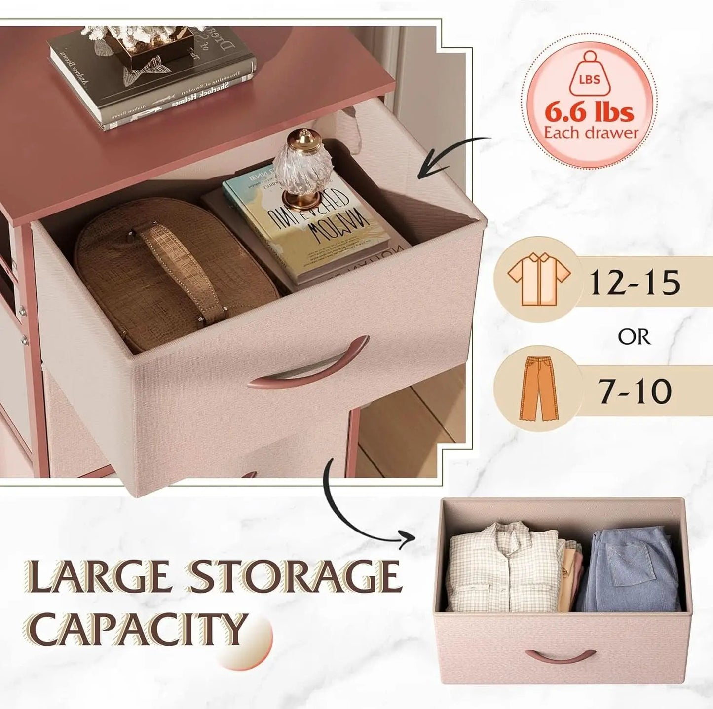 4 Drawer Pink Rose Gold Fabric Dresser With Wood Top from PriceLows™