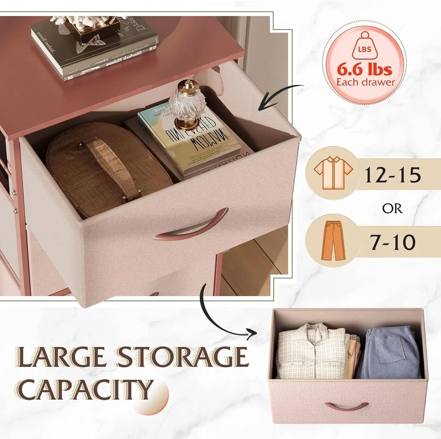 4 Drawer Pink Rose Gold Fabric Dresser With Wood Top from PriceLows™
