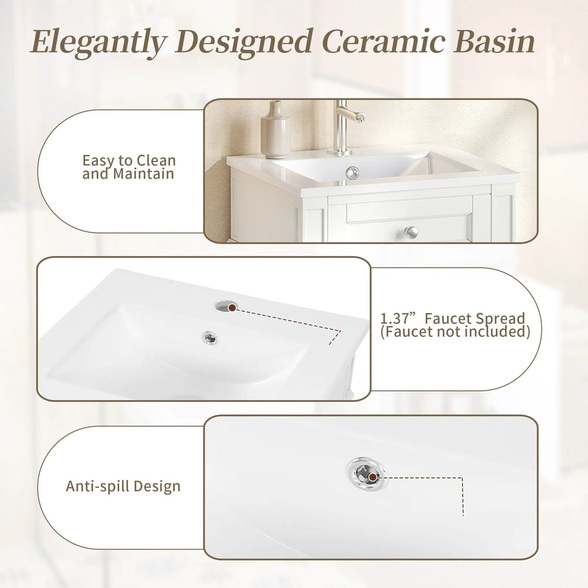 French Style Bathroom Vanity | Rectangular Design | Soft-Closing Door | Adjustable Shelf