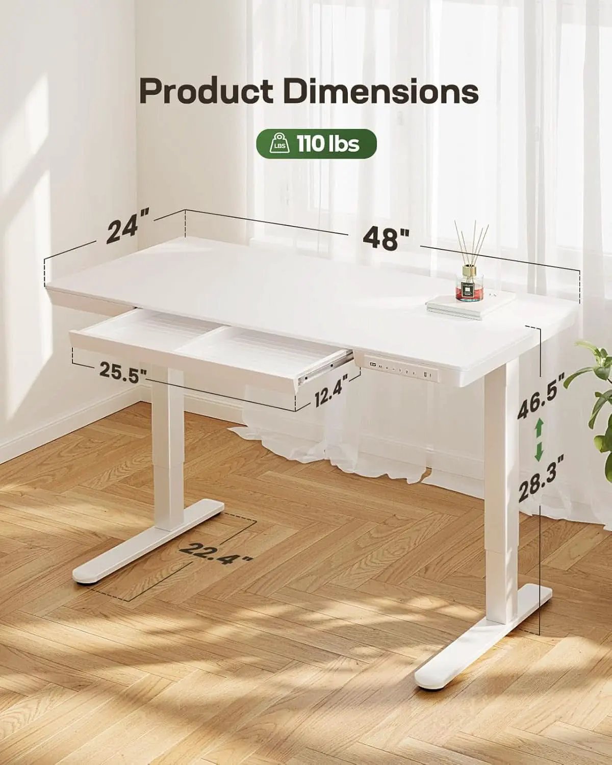 Height Adjustable Standing Desk 48x24 Inch With USB Ports And Drawer White from PriceLows™