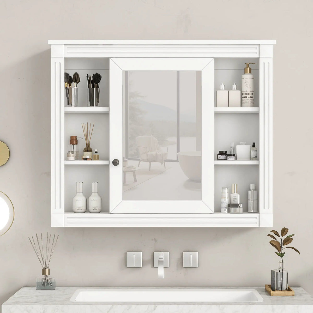 Bathroom Storage Cabinet With Mirror | 6 Open Shelves | Vintage Handle | Adjustable Interior