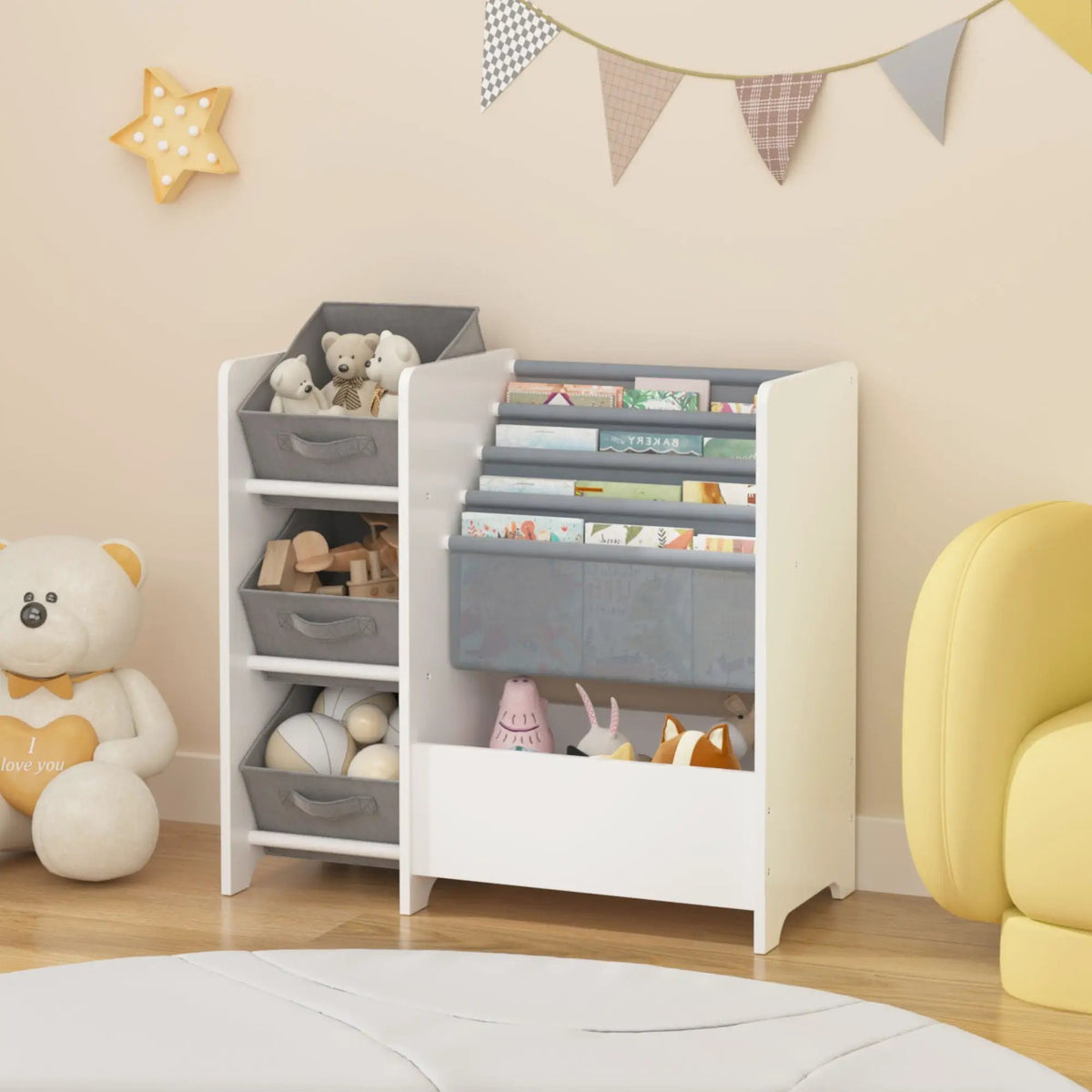 4 Tier Bookshelf | 3 Collapsible Fabric Drawers | White