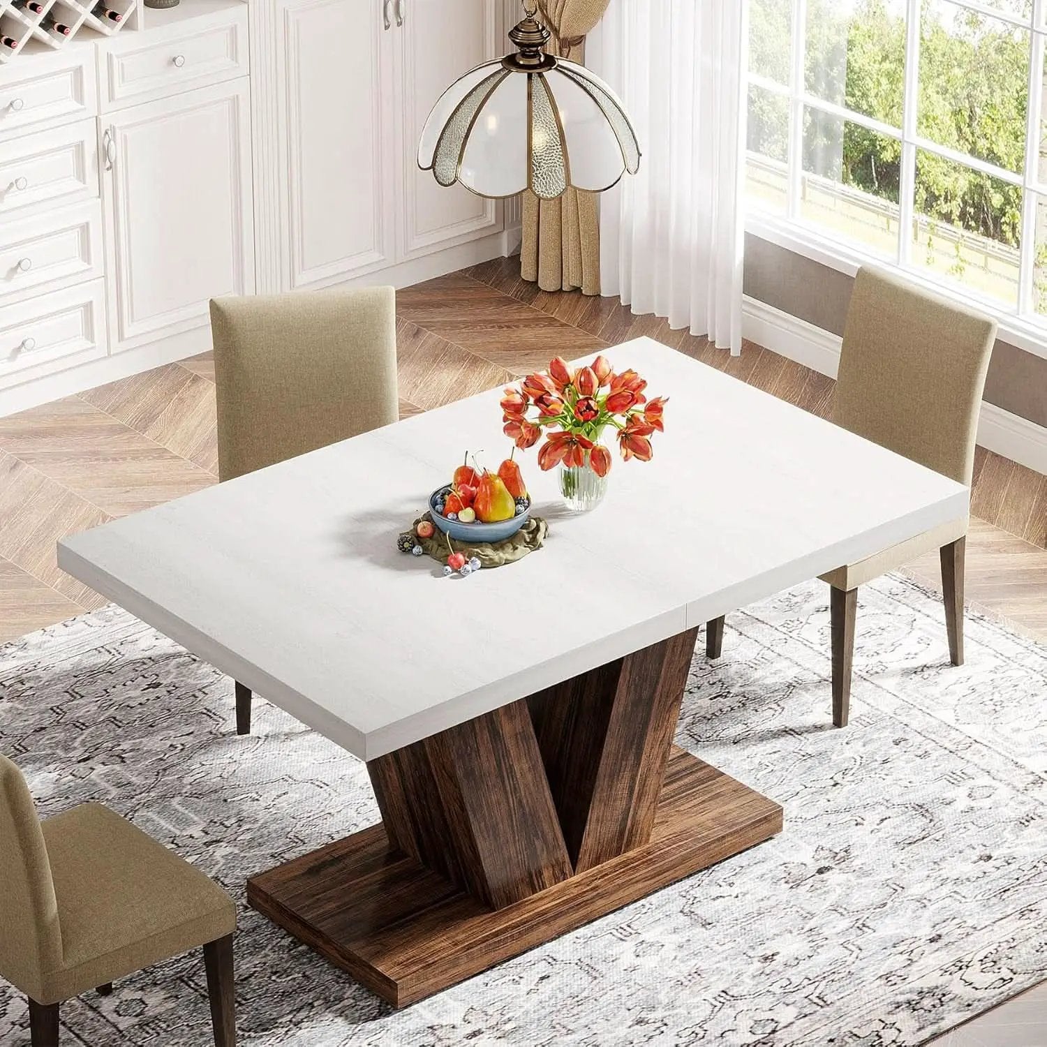 47 Inch White Oak Dining Table With Heavy Pedestal Base from PriceLows™