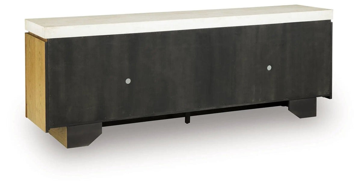 Adanworth Accent Cabinet | 80.13 x 17.13 x 30.13 in | Oak Veneer & Glass | Light Brown / Gray