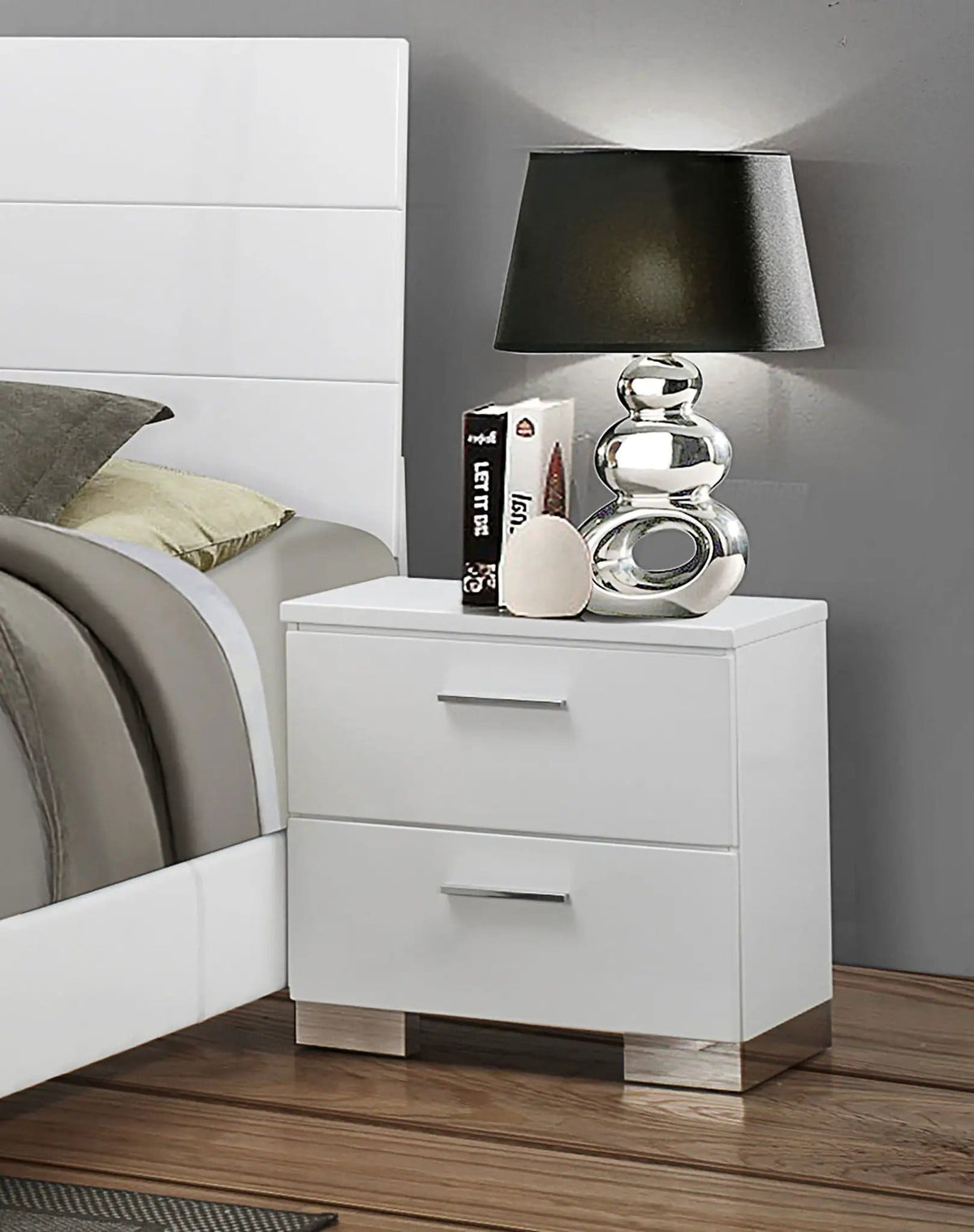Felicity 2-drawer Nightstand White High Gloss | 23.25 x 15.25 x 22.75 in | Metal | Bedroom