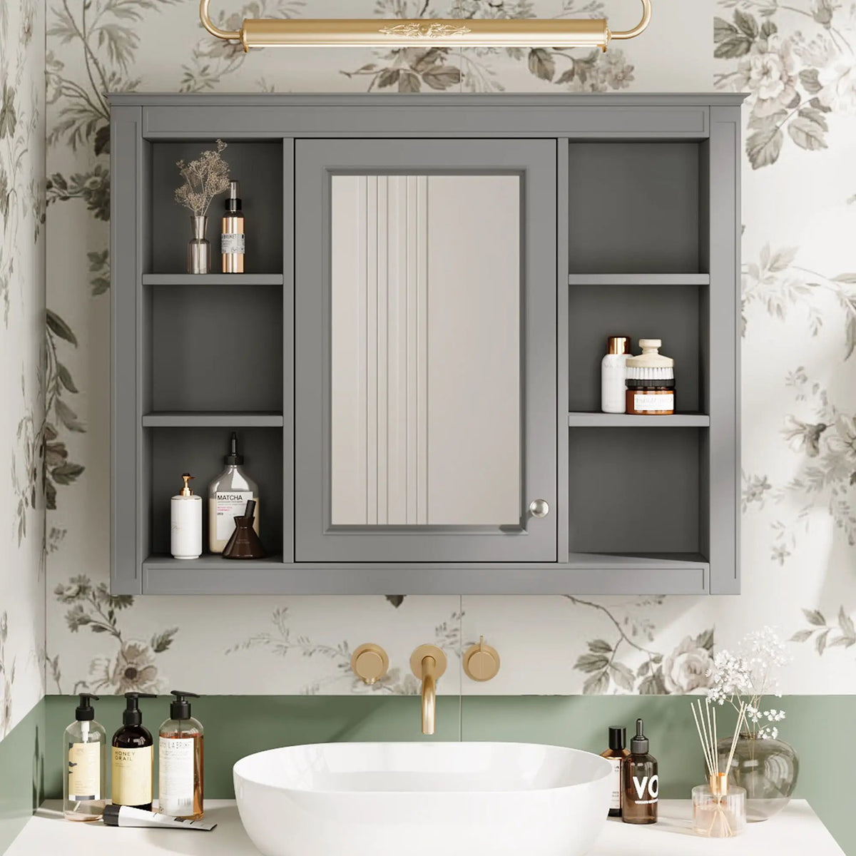 Wall Mounted Medicine Cabinet | Adjustable Interior | 6 Open Shelves