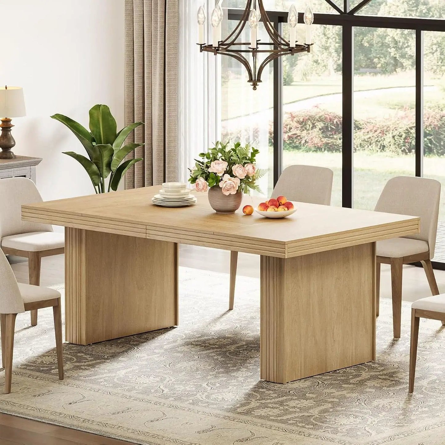63 Inch Farmhouse Dining Table Seats 6 With Fluted Lines from PriceLows™