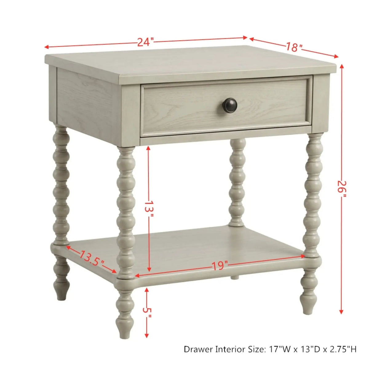 Traditional Nightstand Table | Solid Wood Frame | Drawer And Shelf | Turned Legs