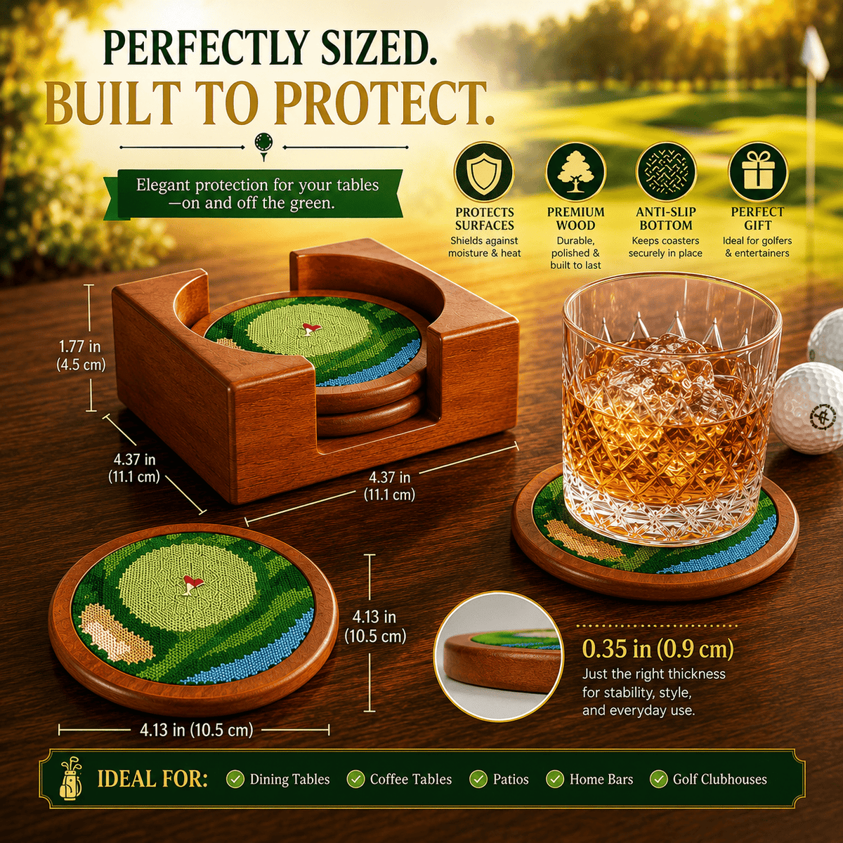 Golf Coasters, Durable Wooden Drink Coasters with Holder | Home Decor | Gift Ready