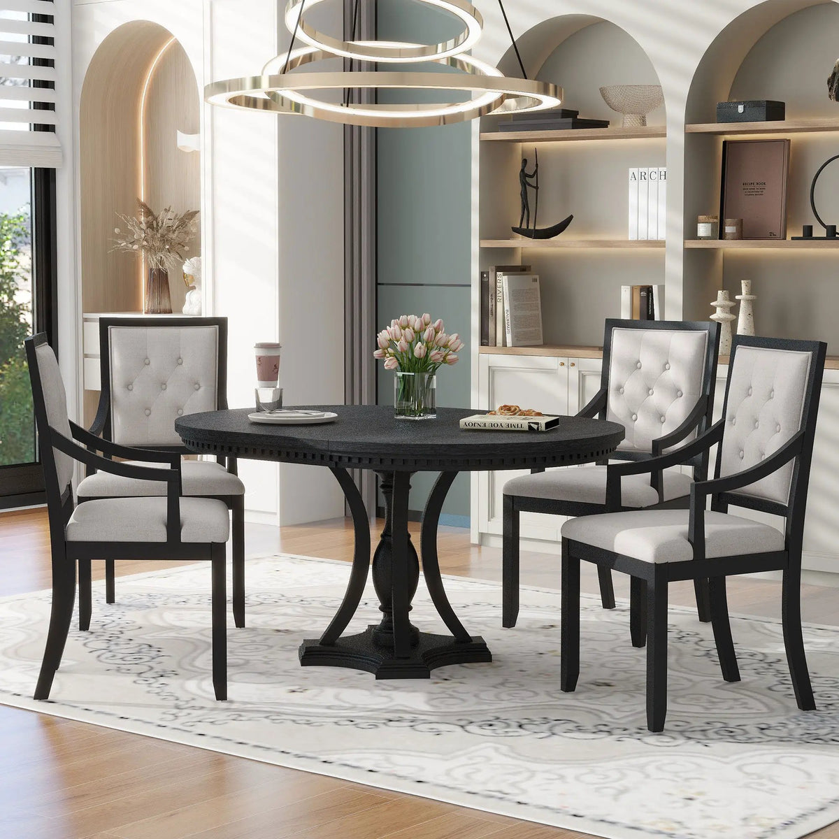 5 Piece Dining Set | Extendable Round Table | Oak Veneer | Black And Oak
