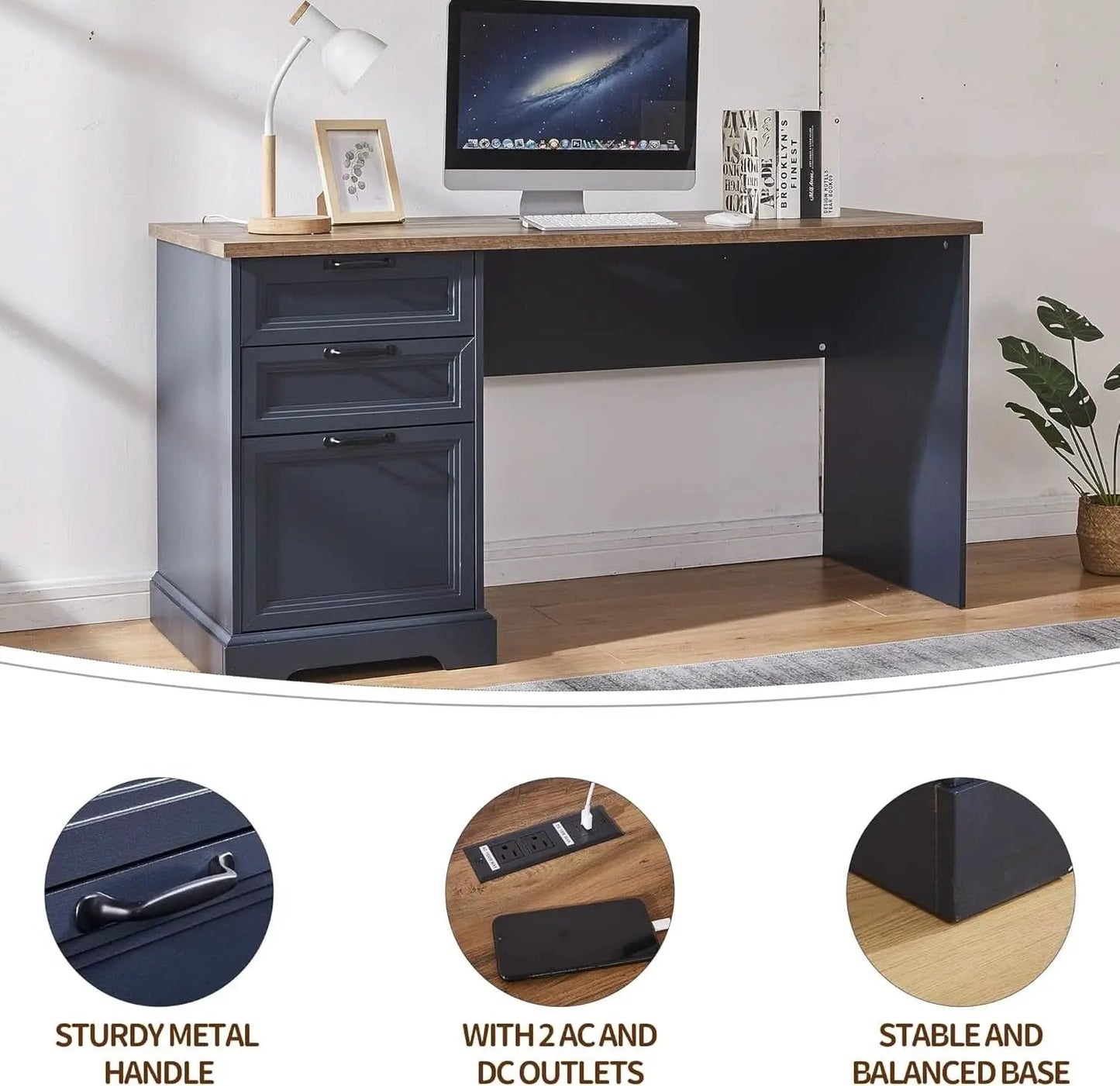 Blue Farmhouse Executive Desk With Charging Station from PriceLows™