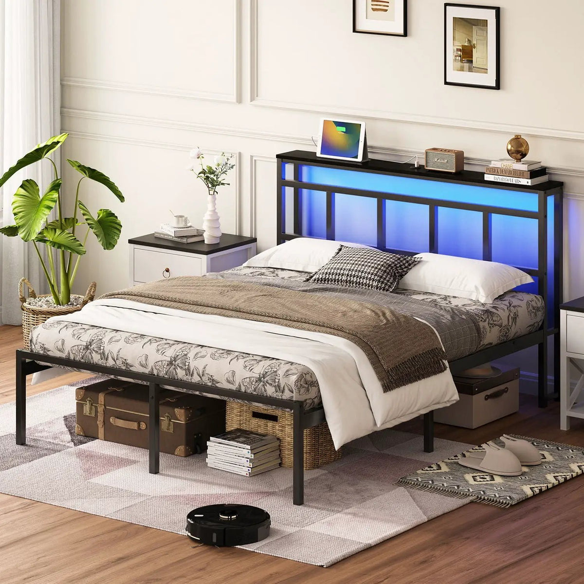 Platform Bed Frame With Storage Headboard | USB C Charging Station | RGB LED Light Strip | 81 Inch Length