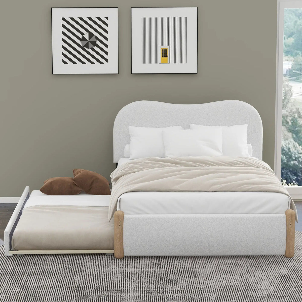 Upholstered Platform Bed | Trundle | Arc-Shaped Berber Fleece Headboard | Wood Supporting Feet