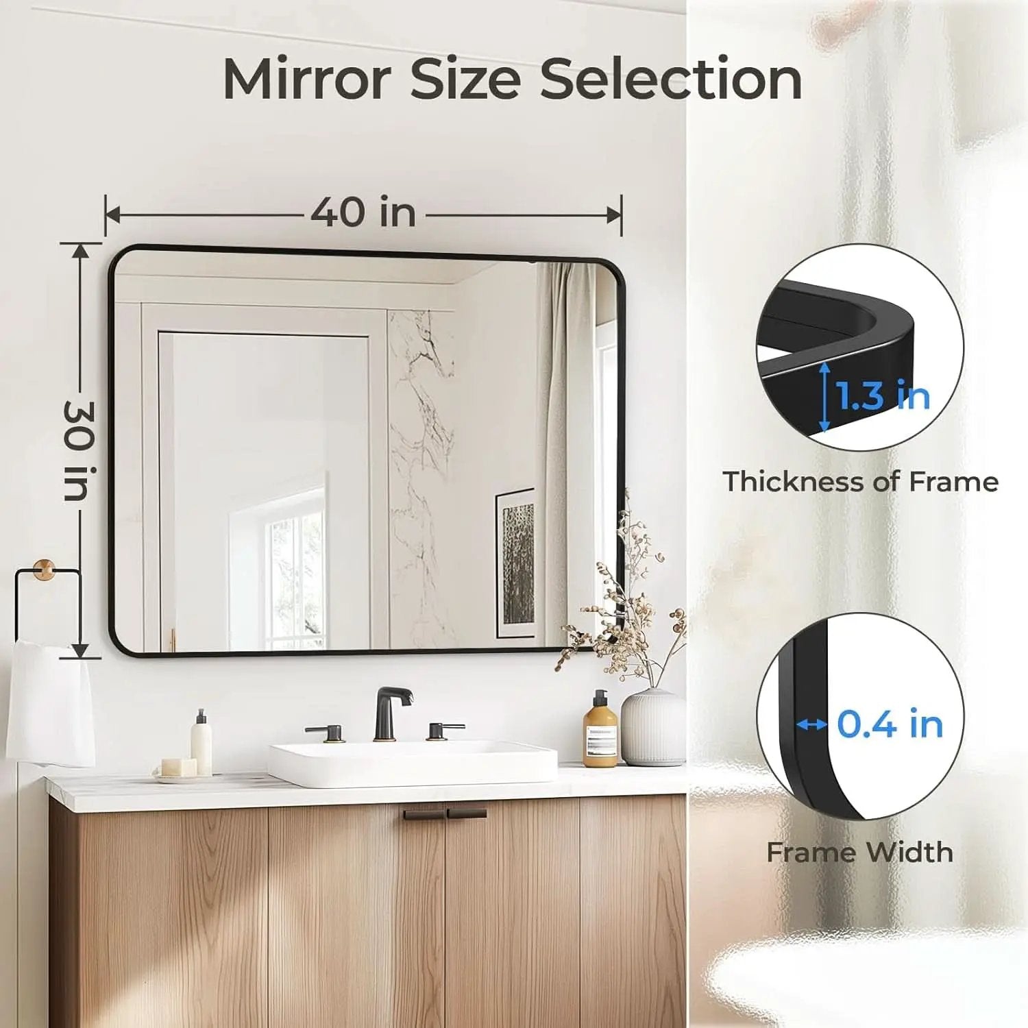 Black 30x40 Inch Rectangle Metal Frame Bathroom Vanity Mirror Wall Mounted from PriceLows™