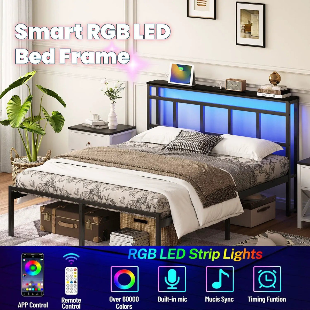 Platform Bed Frame With Storage Headboard | USB C Charging Station | RGB LED Light Strip | 81 Inch Length