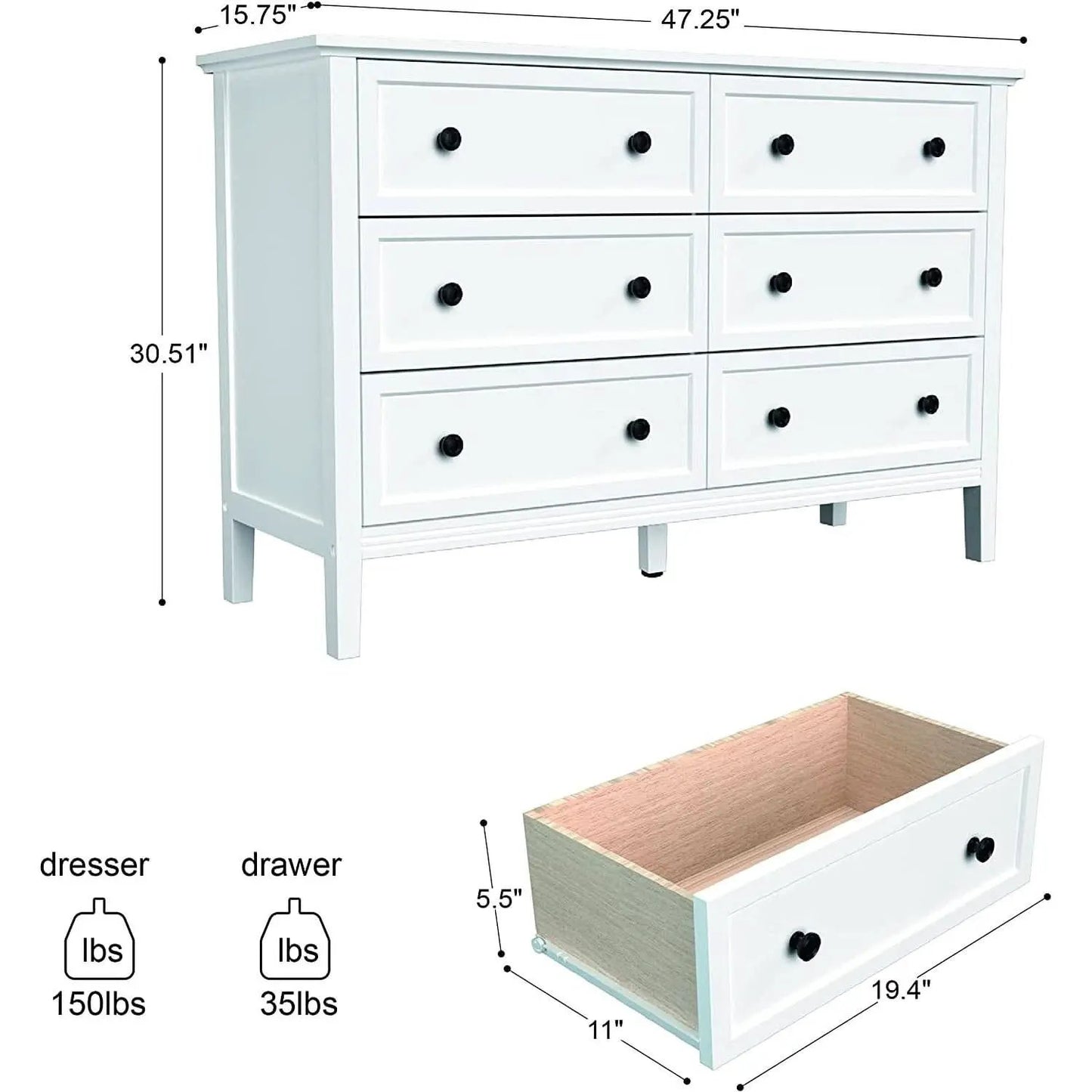 Modern White 6-Drawer Dresser With Metal Handles Bedroom from PriceLows™