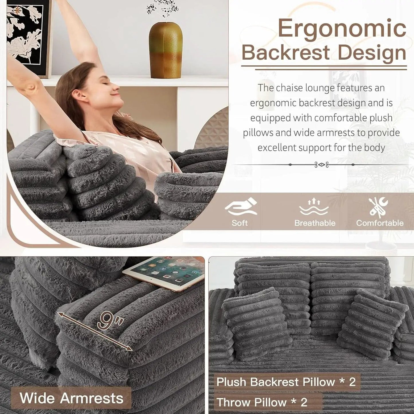 56 Inch Grey Ultra Deluxe Chaise Lounge Chair Cushioned from PriceLows™