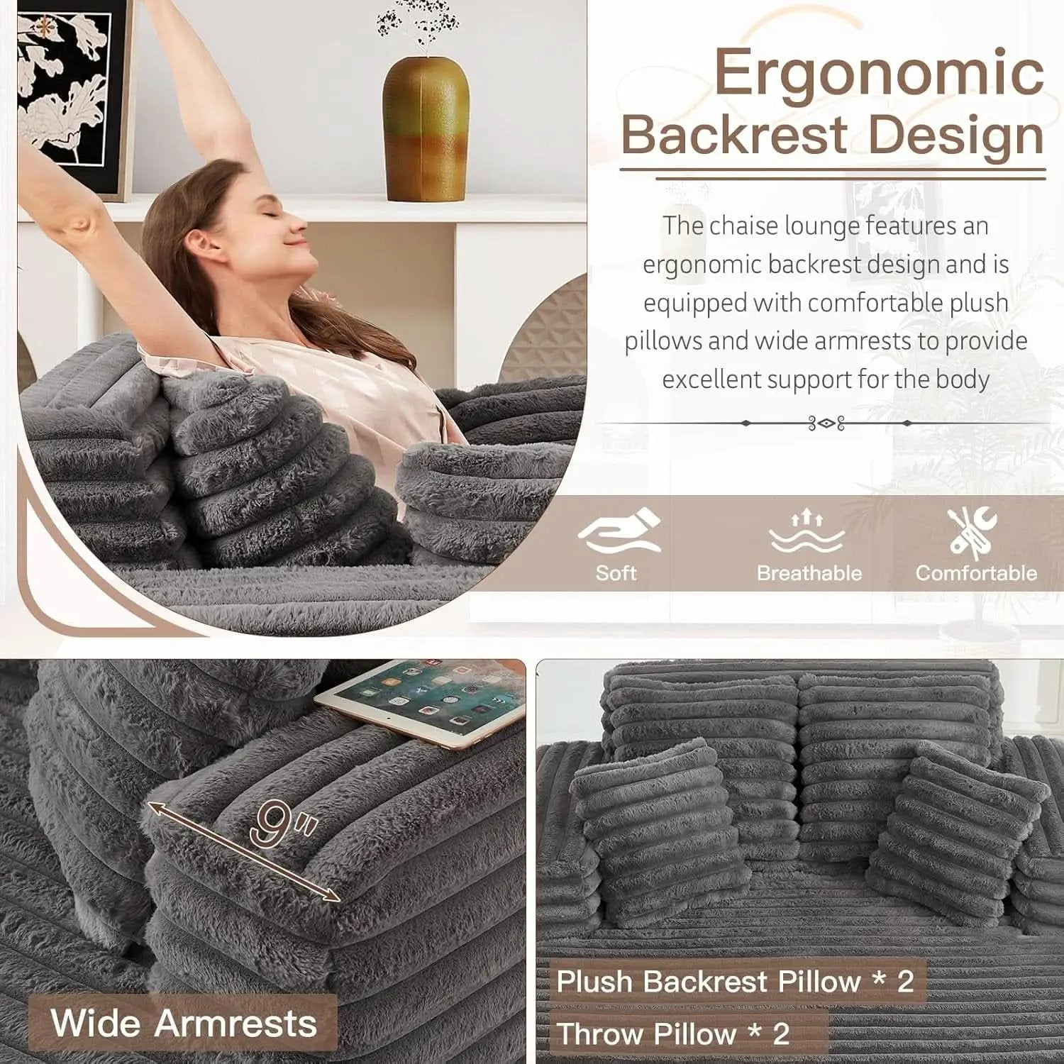 56 Inch Grey Ultra Deluxe Chaise Lounge Chair Cushioned from PriceLows™