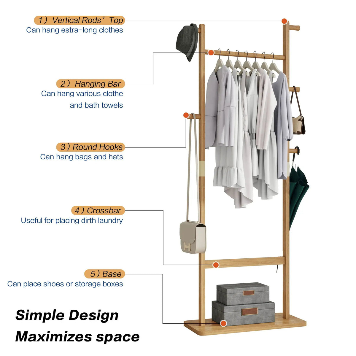 Solid Wood Hat Rack | Freestanding Coat Rack | Rubber Wood | 71 Inch Height