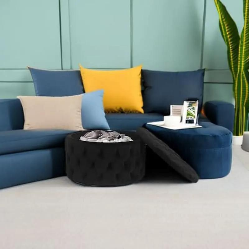 Twenty EightInch Velvety Round Storage Ottoman Black Tufted from PriceLows™