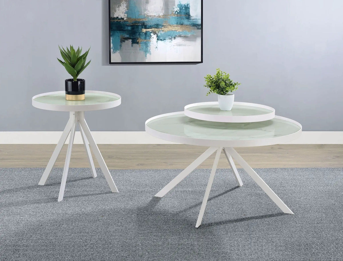 Briggs 2-piece Round Coffee and End Table Set | 2-Piece Set | Marble & Tempered Glass | White