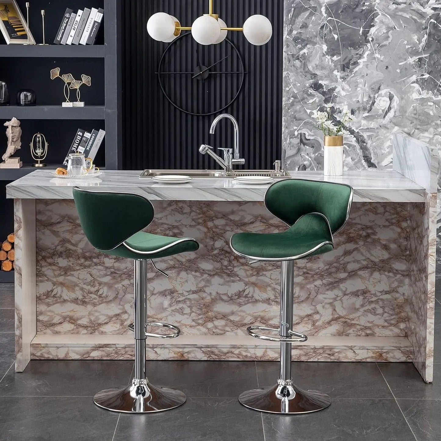 Green Velvet Upholstered Adjustable Swivel Bar Stools Set 2 from PriceLows™