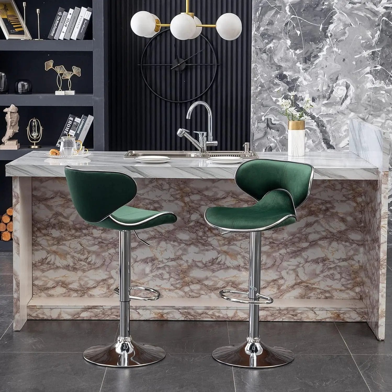 Green Velvet Upholstered Adjustable Swivel Bar Stools Set 2 from PriceLows™