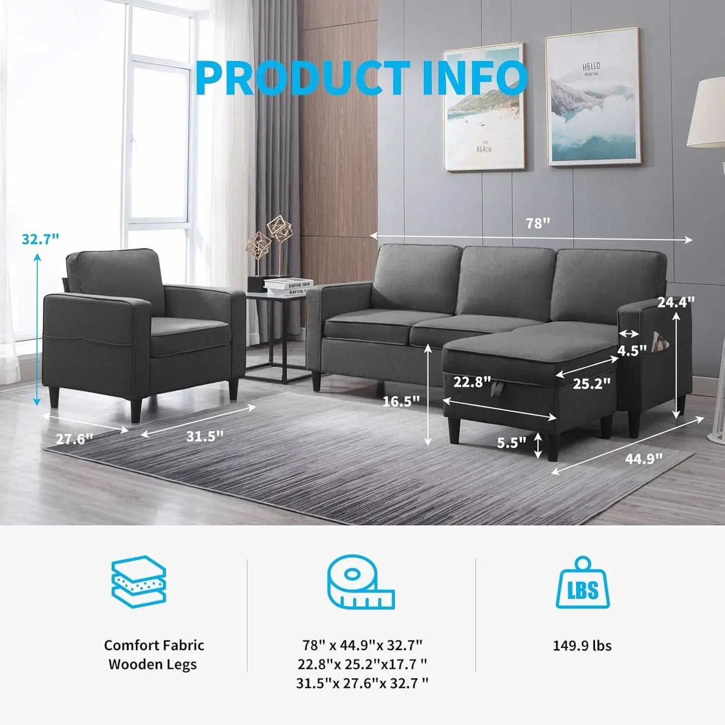 3 Piece Convertible Sofa Set With Linen Upholstery And Storage Ottoman Dark Grey from PriceLows™