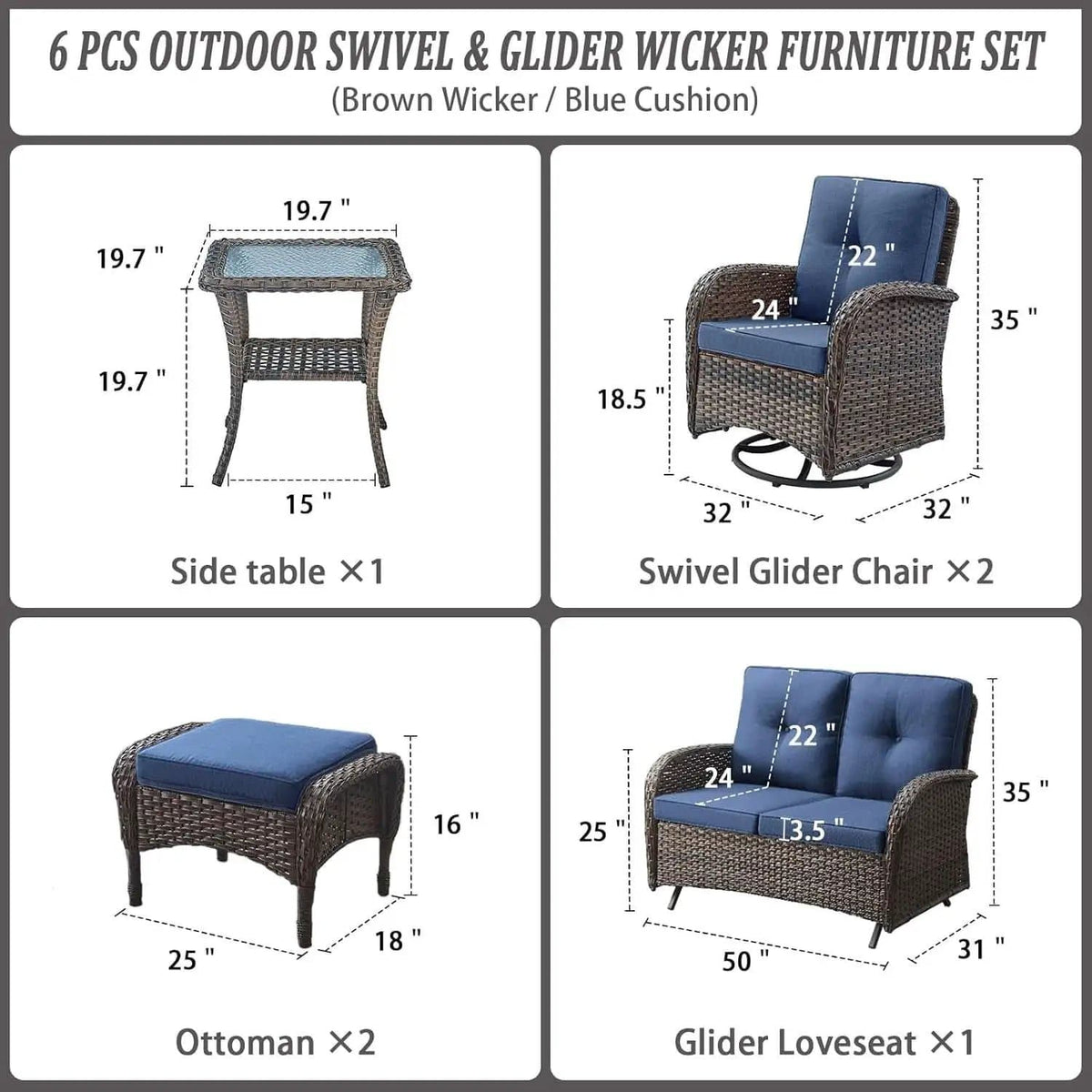 6 Piece Patio Conversation Set Brown Wicker Blue Cushions from PriceLows™