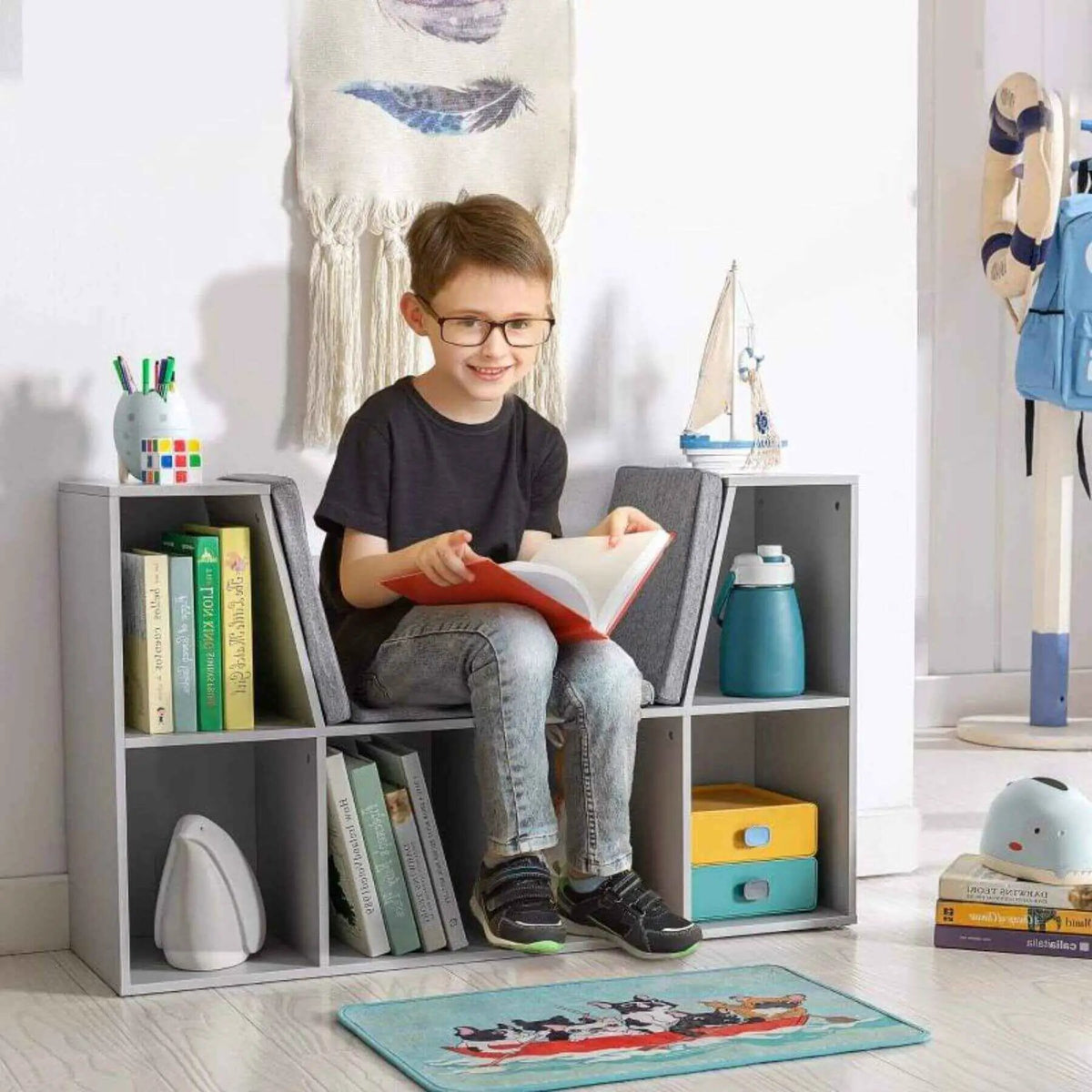Kids Bookcase | 6 Cubby Shelves | Reading Nook Bench | Gray