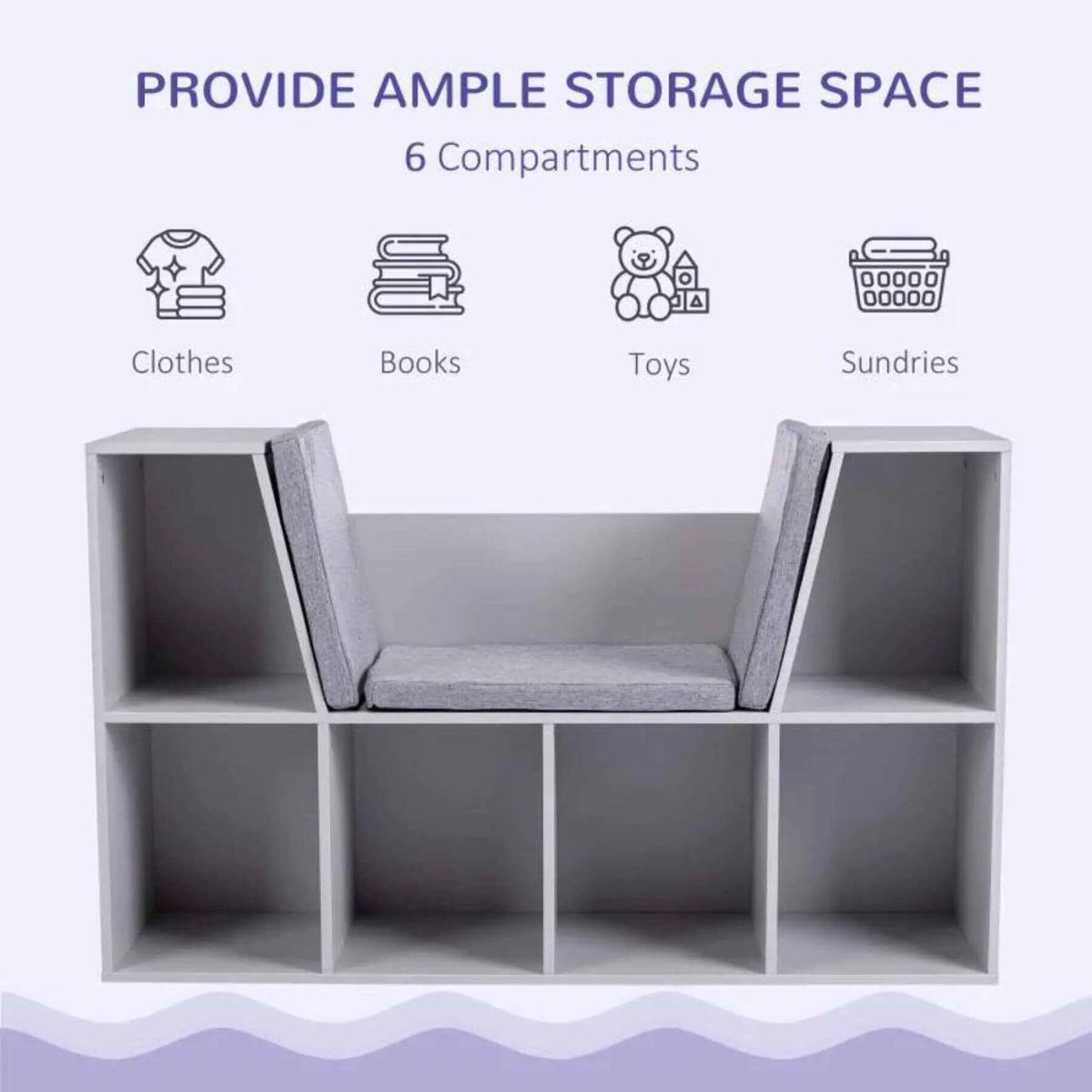 Kids Bookcase | 6 Cubby Shelves | Reading Nook Bench | Gray