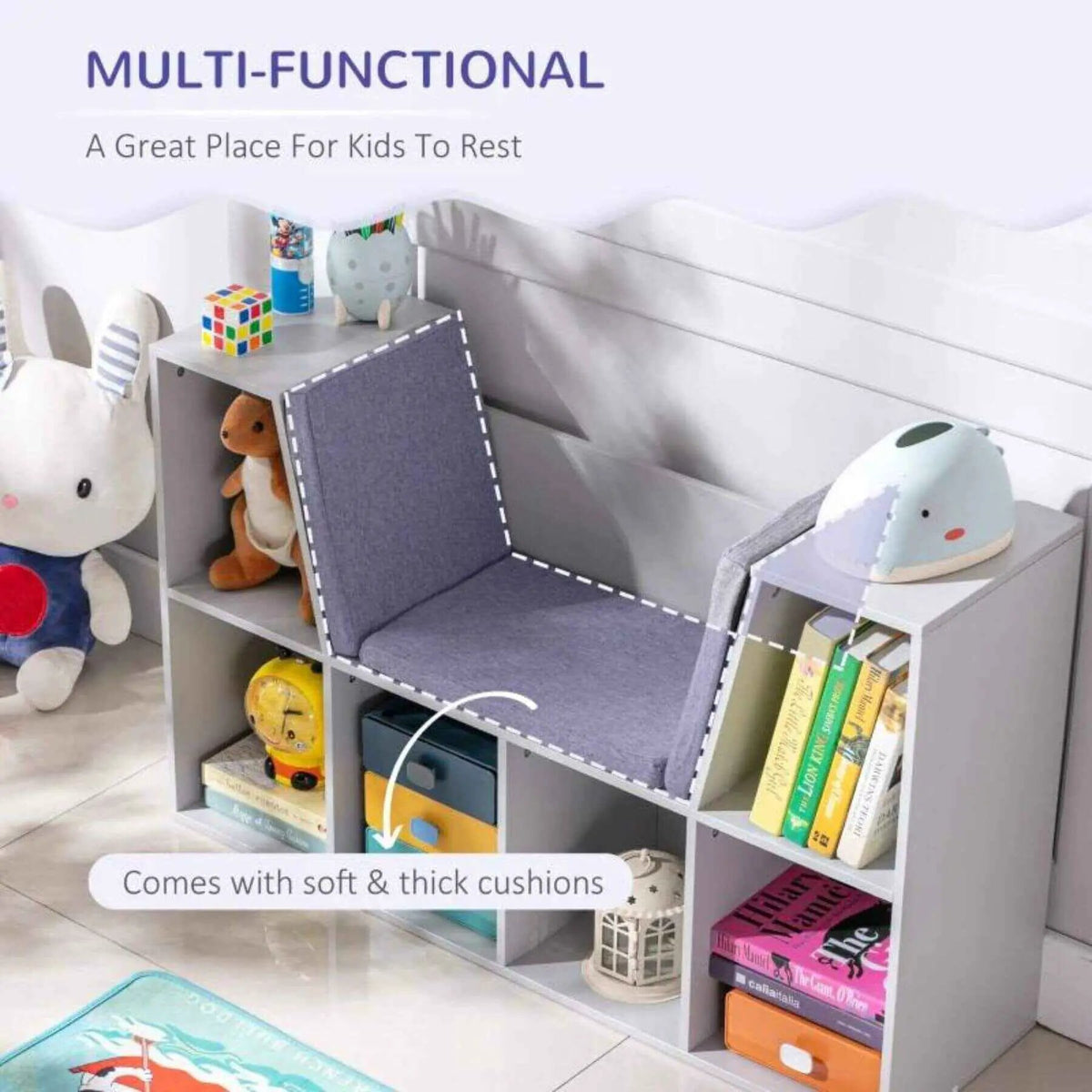 Kids Bookcase | 6 Cubby Storage | Cushioned Bench Seat | White