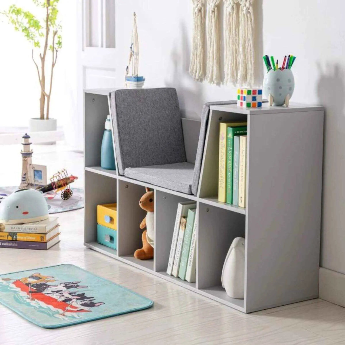 Kids Bookcase | 6 Cubby Shelves | Reading Nook Bench | Gray