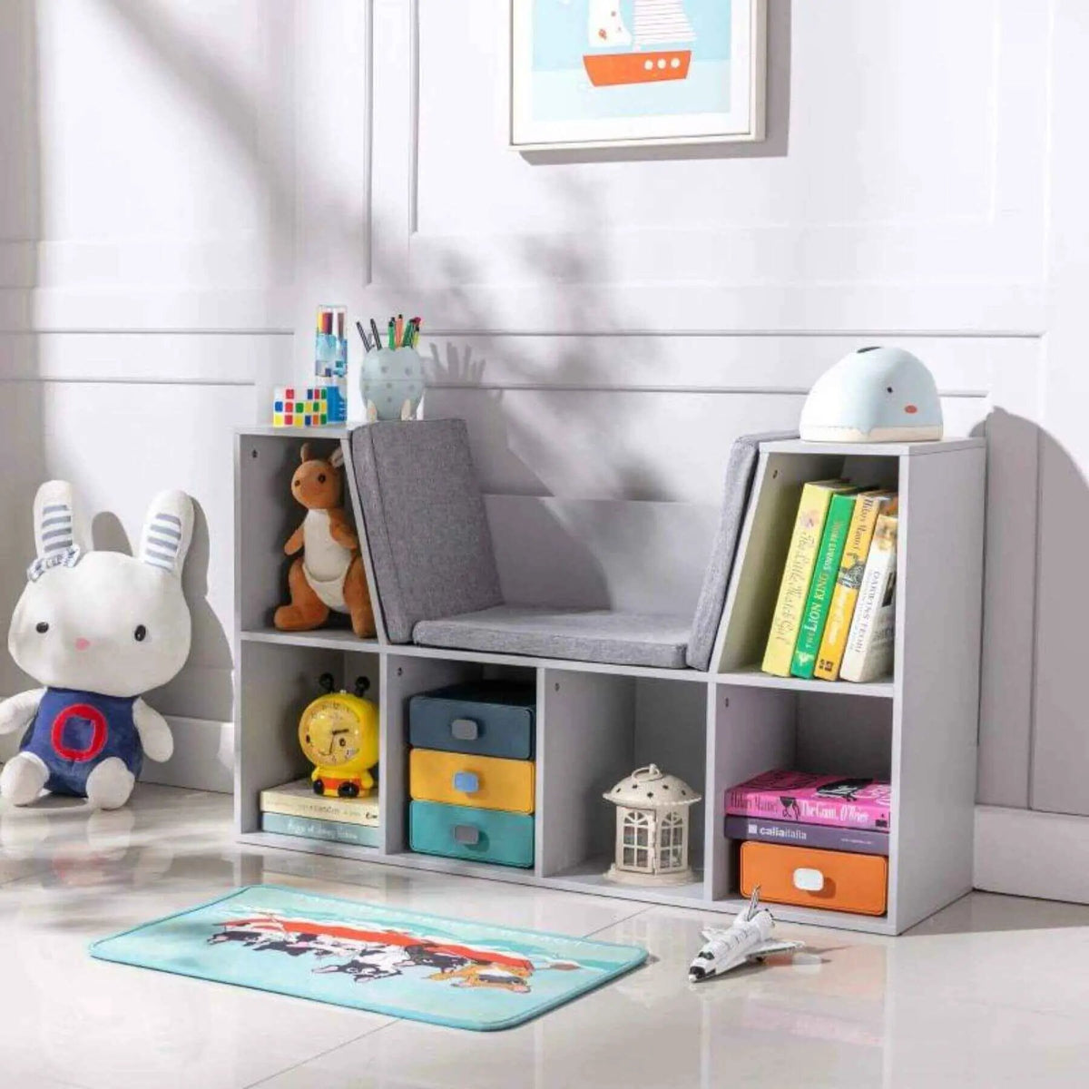 Kids Bookcase | 6 Cubby Shelves | Reading Nook Bench | Gray