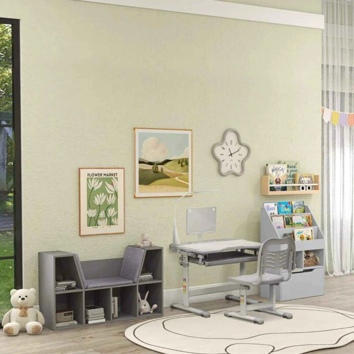 Kids Bookcase | 6 Cubby Shelves | Reading Nook Bench | Gray