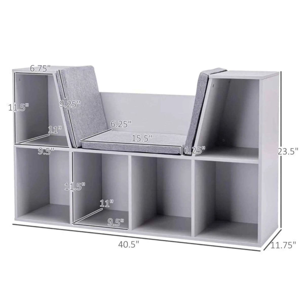 Kids Bookcase | 6 Cubby Shelves | Reading Nook Bench | Gray