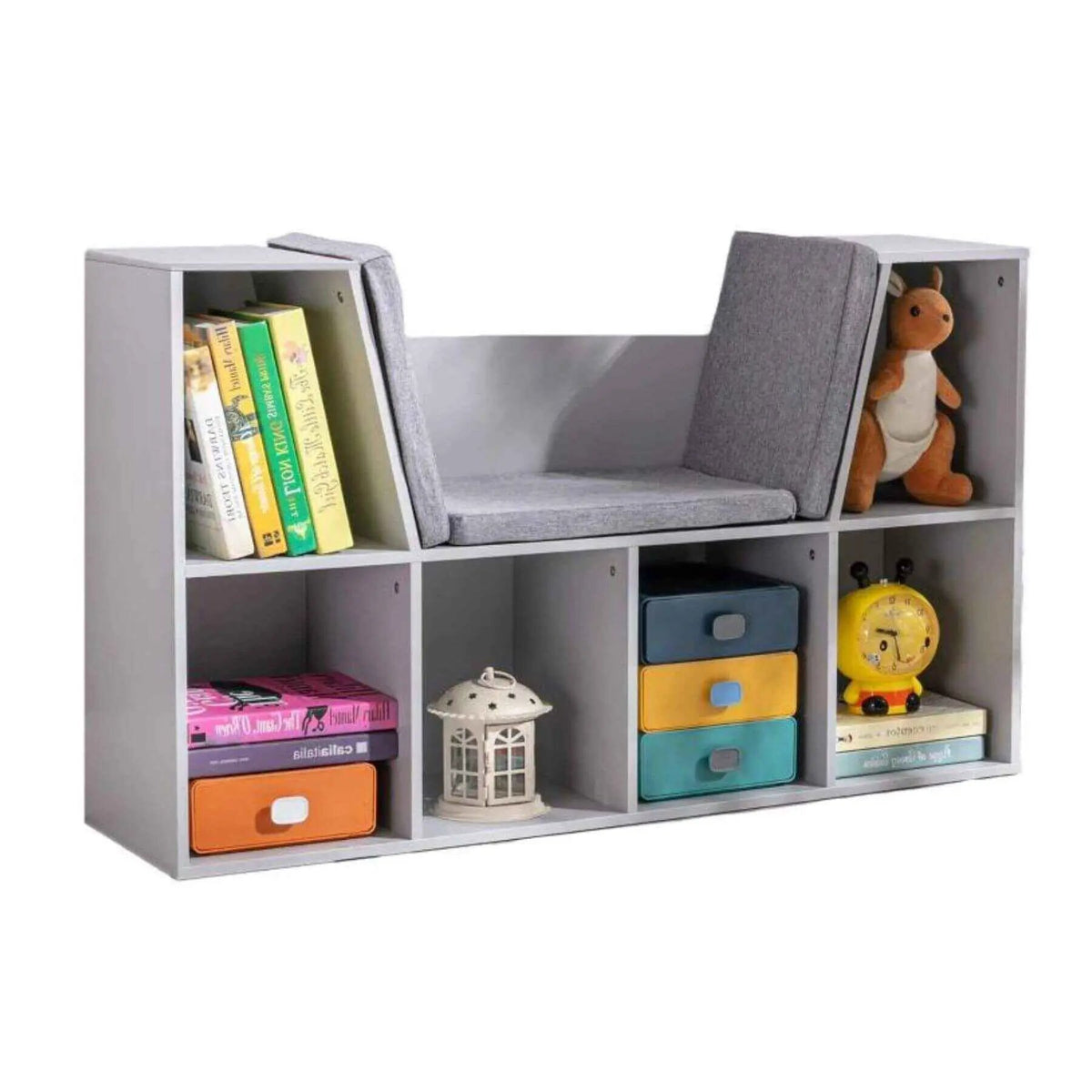 Kids Bookcase | 6 Cubby Shelves | Reading Nook Bench | Gray