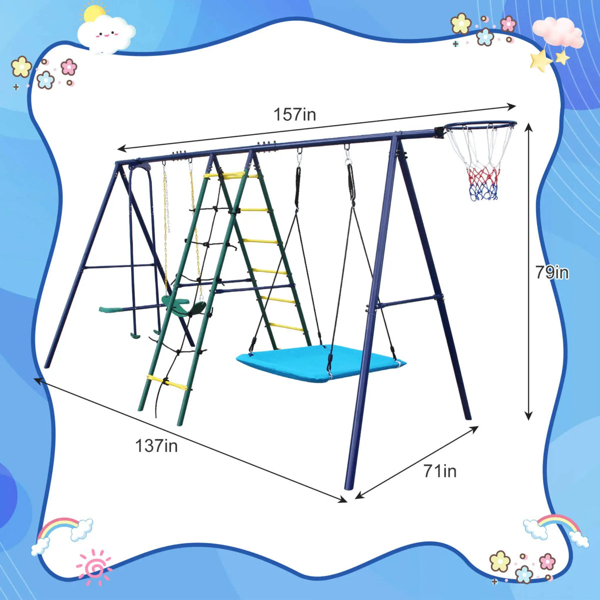 6-In-1 Outdoor Swing Set | Climbing Ladder Net | Basketball Hoop | A-Frame Steel Base