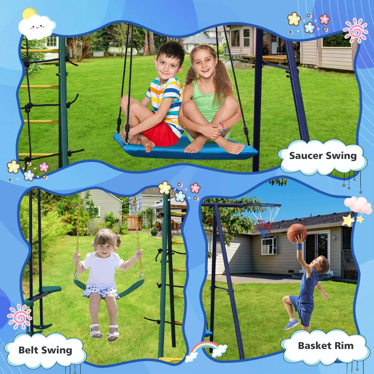 6-In-1 Outdoor Swing Set | Climbing Ladder Net | Basketball Hoop | A-Frame Steel Base