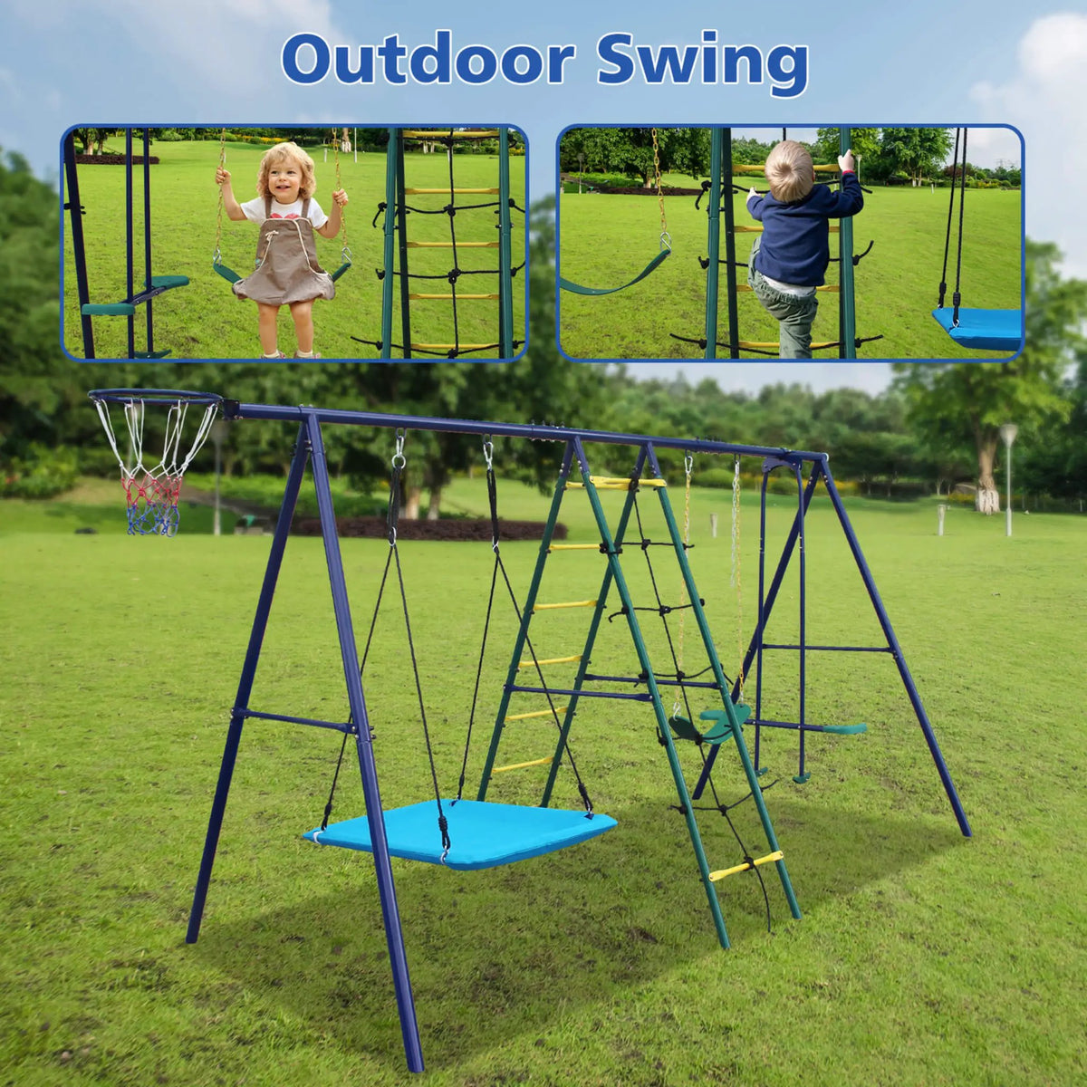 6-In-1 Outdoor Swing Set | Climbing Ladder Net | Basketball Hoop | A-Frame Steel Base
