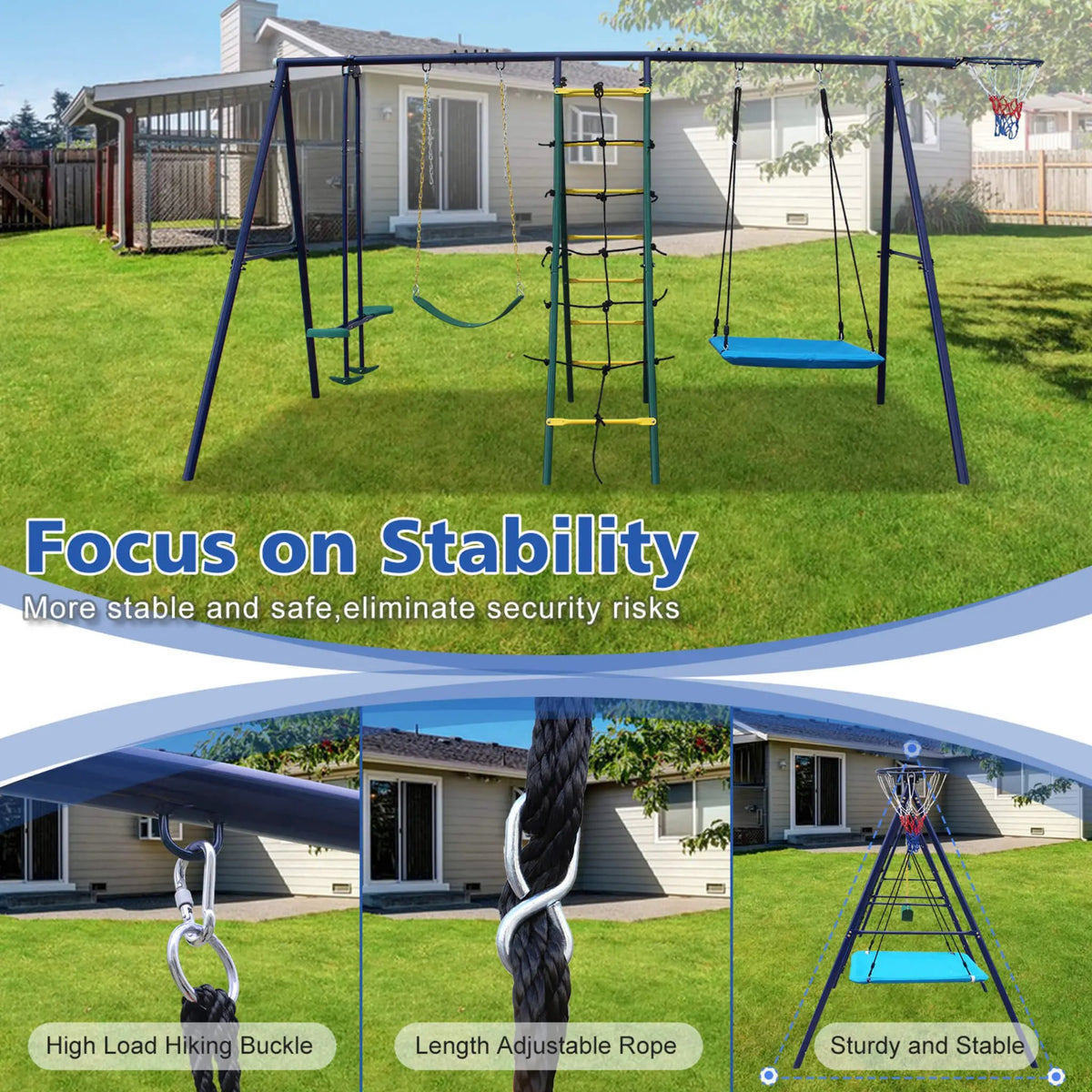 6-In-1 Outdoor Swing Set | Climbing Ladder Net | Basketball Hoop | A-Frame Steel Base
