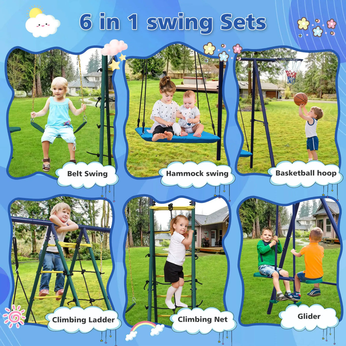 6-In-1 Outdoor Swing Set | Climbing Ladder Net | Basketball Hoop | A-Frame Steel Base