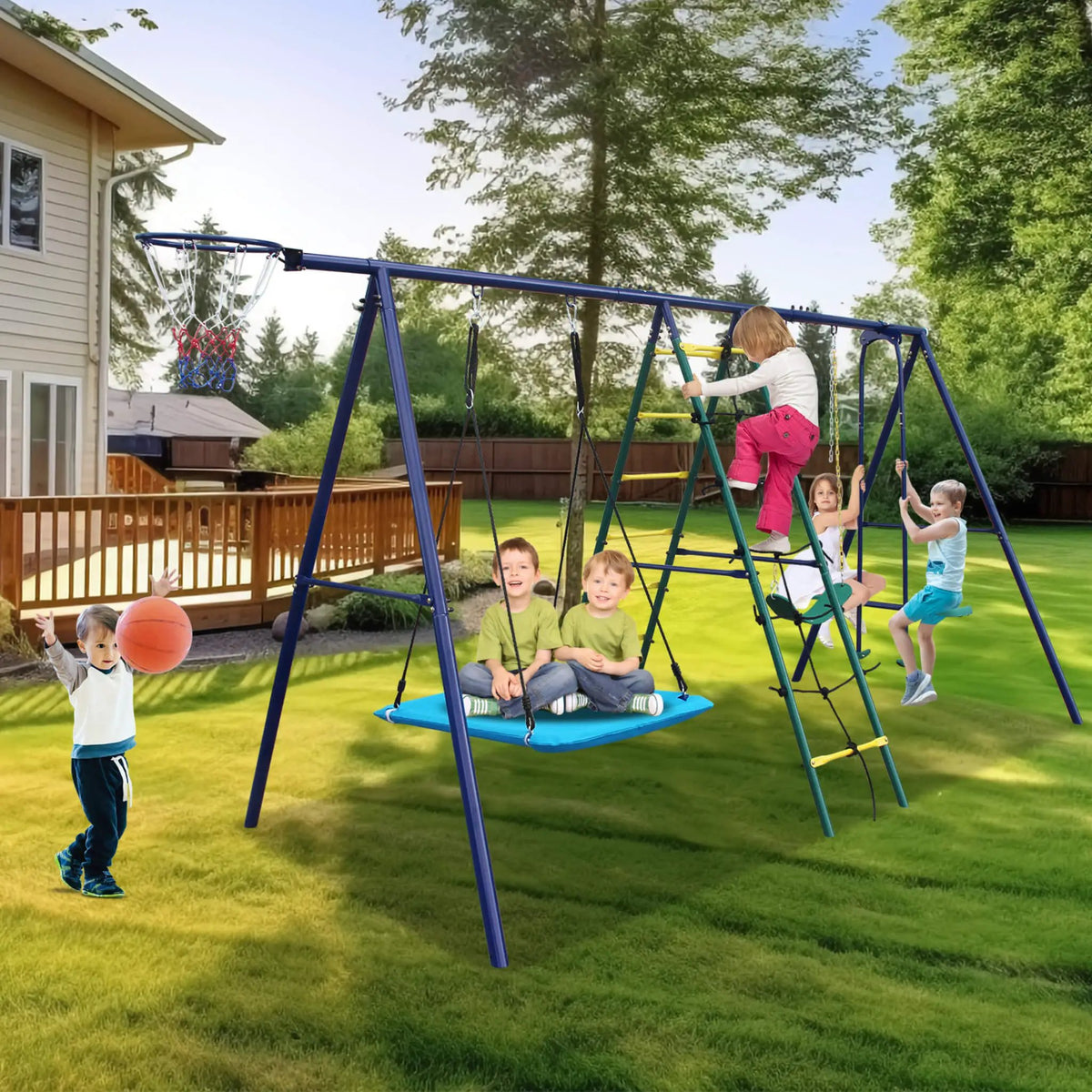 6-In-1 Outdoor Swing Set | Climbing Ladder Net | Basketball Hoop | A-Frame Steel Base
