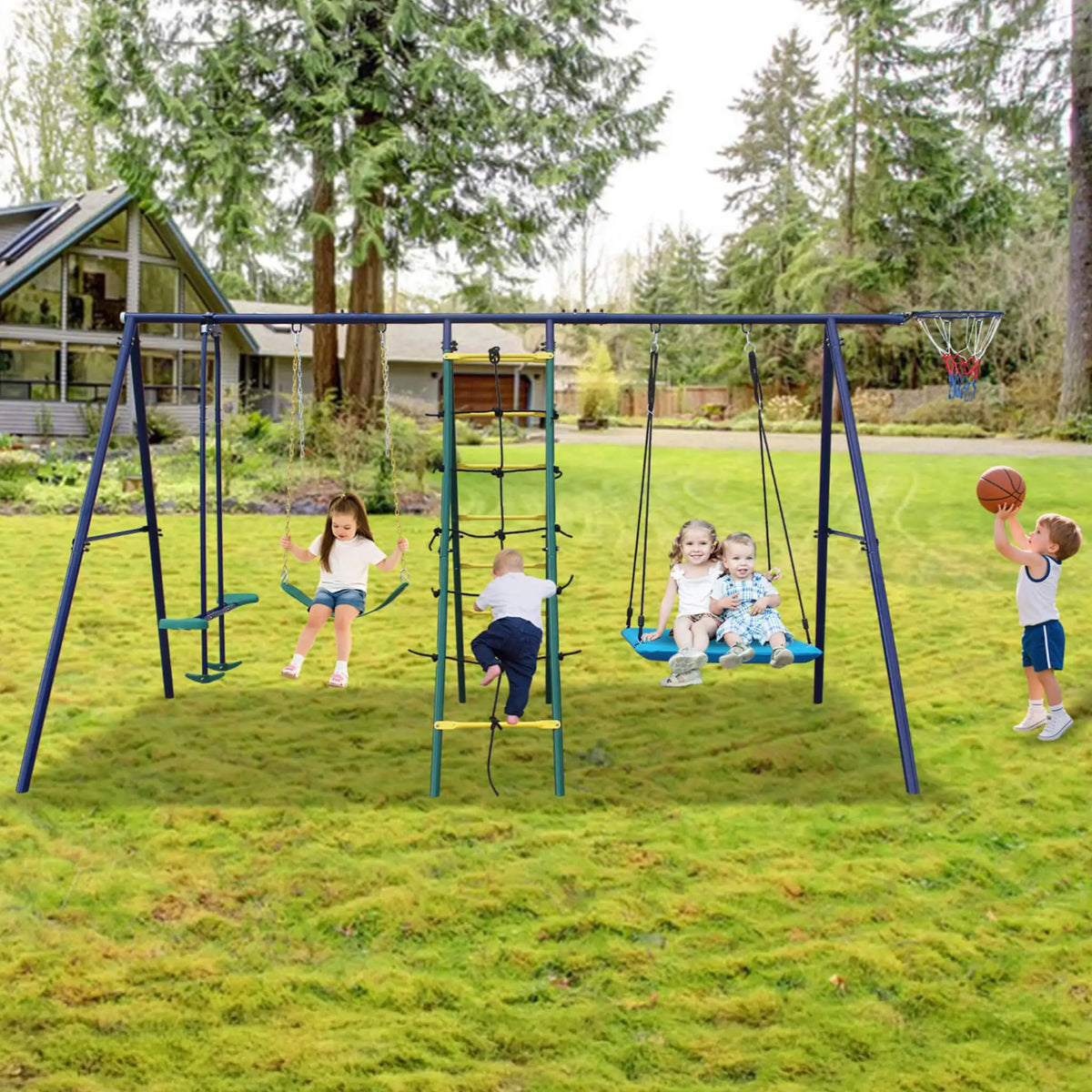 6-In-1 Outdoor Swing Set | Climbing Ladder Net | Basketball Hoop | A-Frame Steel Base
