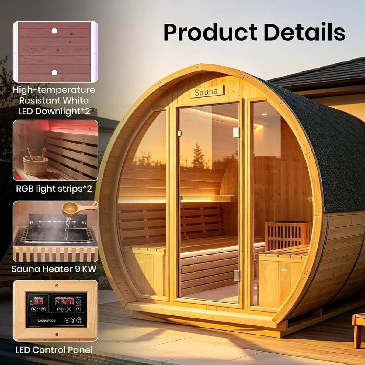 Varenna 6-Person Outdoor Traditional Carbonized Spruce Barrel Sauna | 6-Person | Spruce | Outdoor Living