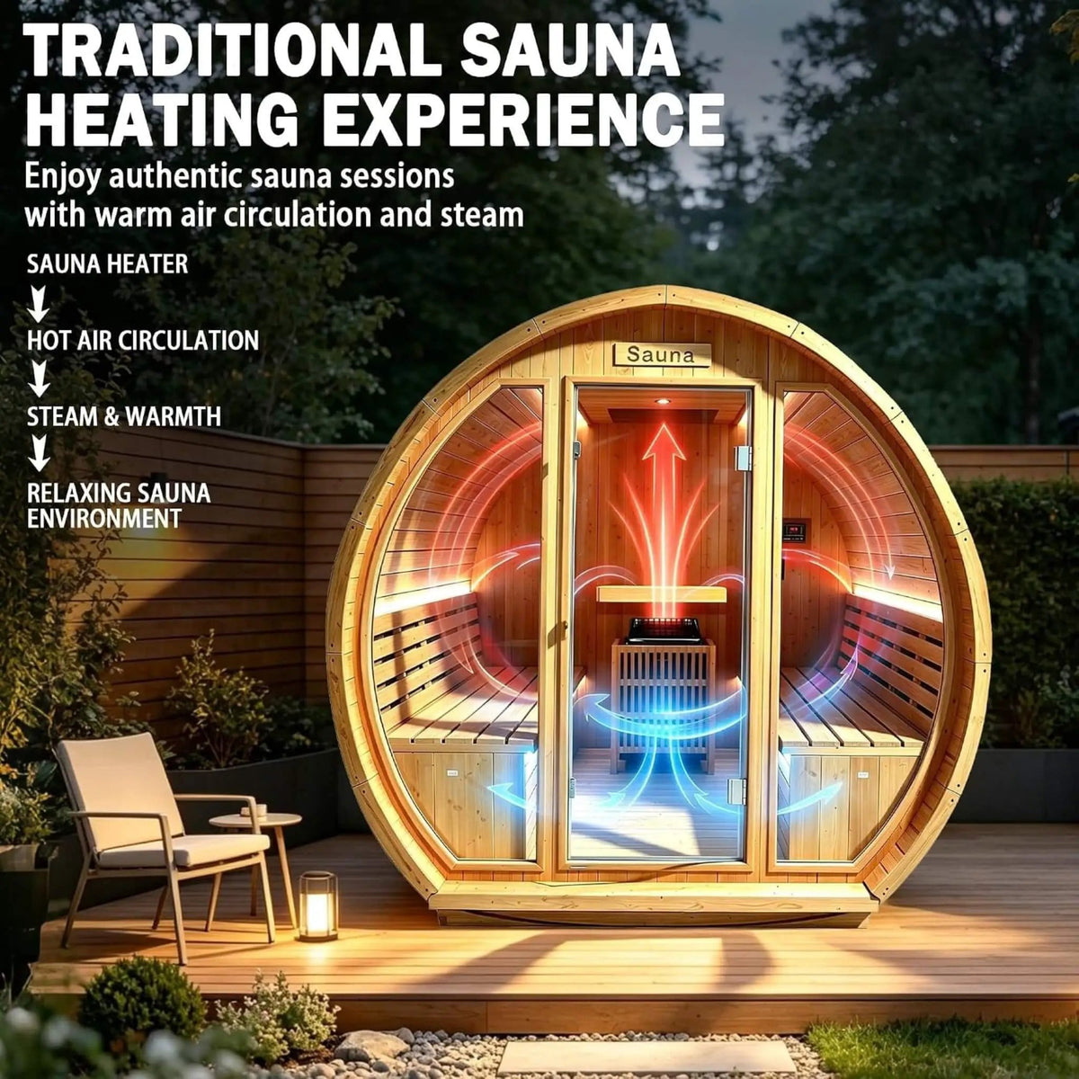 Varenna 6-Person Outdoor Traditional Carbonized Spruce Barrel Sauna | 6-Person | Spruce | Outdoor Living