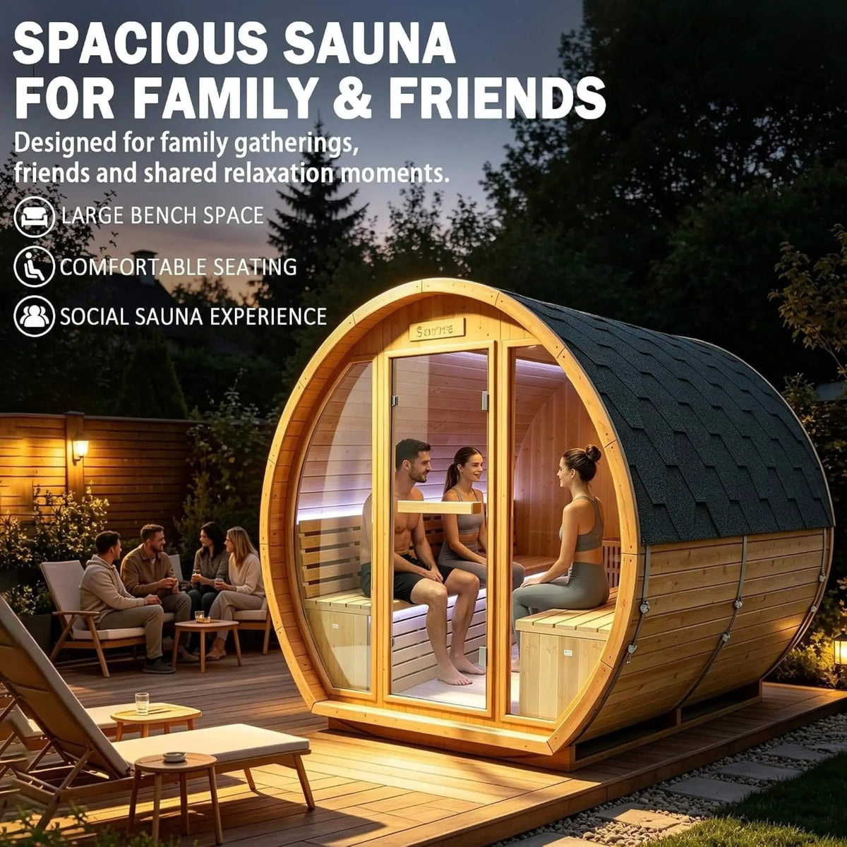 Varenna 6-Person Outdoor Traditional Carbonized Spruce Barrel Sauna | 6-Person | Spruce | Outdoor Living
