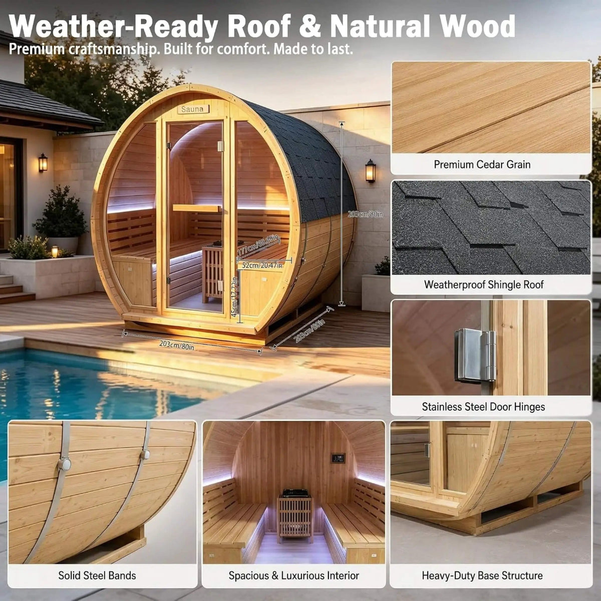 Varenna 6-Person Outdoor Traditional Carbonized Spruce Barrel Sauna | 6-Person | Spruce | Outdoor Living