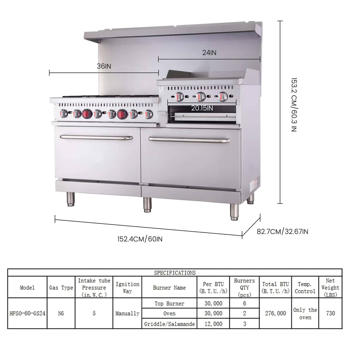 60 Inch Commercial 6 Burner 276K BTU Gas Range With Dual Ovens, Griddle And | 60 Inch | 6-Burner | Home