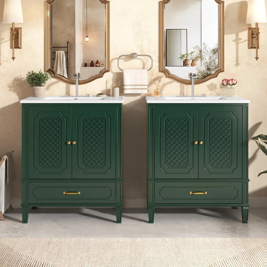 60-Inch Green Vintage Double Sink Vanity With Cabinets And Drawers | 60 Inch | Solid Wood | Bathroom